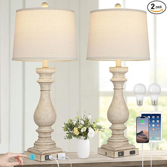 27.5" Farmhouse Table Lamp for Living Room Set of 2,Vintage Bedside Lamps with USB C+A Ports & AC Outlet,3-Way Dimmable Touch Control White Washed Finish Nightstand Lamp for Bedroom,Beige