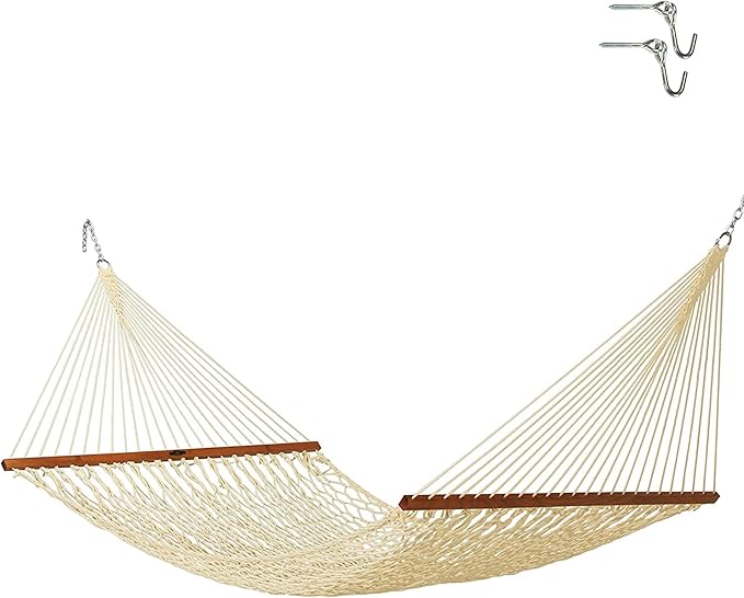 Original Pawleys Island 14DCOT Deluxe Oatmeal DURACORD Rope Hammock with Free Extension Chains & Tree Hooks, Handcrafted in The USA, Accommodates 2 People, 450 LB Weight Capacity, 13 ft. x 60 in.