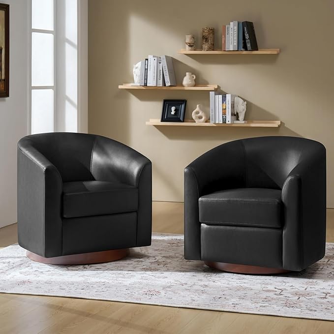 HULALA HOME Faux Leather Swivel Accent Chairs Set of 2 with Solid Wood Base, Round Swivel Barrel Chairs for Living Room and Bedroom, Black