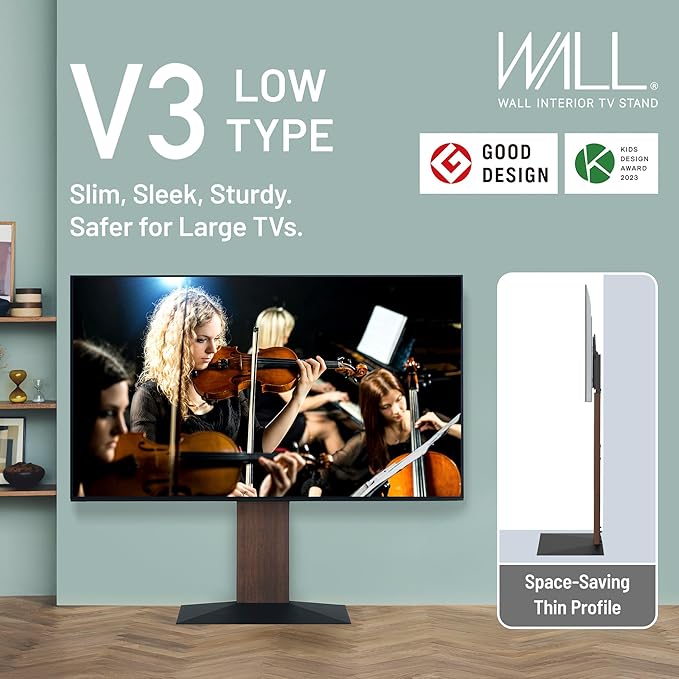WALL V3 Low Type | Sleek 32-80 Inch Universal Ultra thin TV Stand | Walnut | for Living Room and Bedroom, Space Saving, Adjustable Mount, No Drill, Japanese Design & Engineering