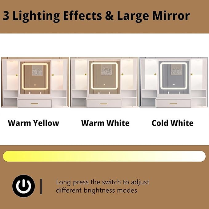 Makeup Vanity with LED Light Strip Mirror and Chair, 7 Drawers & 2 RGB Cabinets White Vanity Makeup Desk with Power Strip, Adjustable LED Lighting, and Cushioned Stool for Women, Girls, Teens