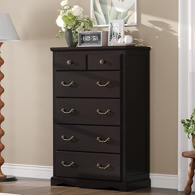 Farmhouse 6 Chest of Drawers for Bedroom, 48" Tall Wood Dresser with Bronze Retro Handles & 3D Drawer Fronts, Rustic Closet Dresser for Bedroom, Hallway, Espresso