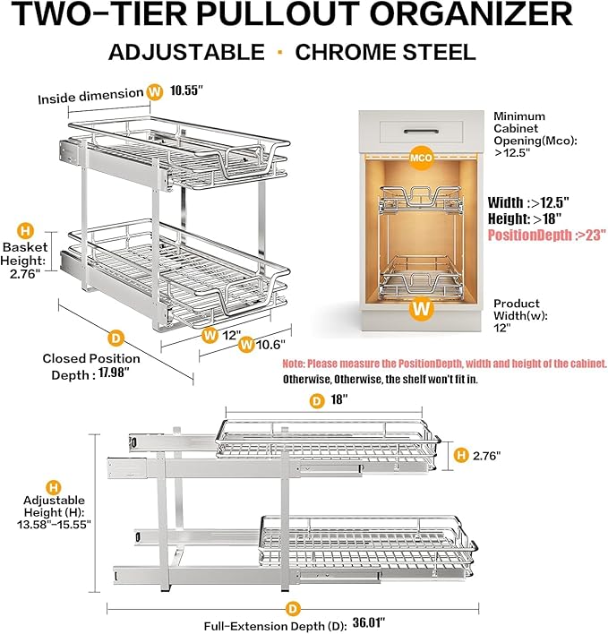 2-Tier Kitchen Cabinet,Pull Out Cabinet Organizer,Shelf and Drawer Organizer Slide Out Pantry Storaqe Basket in Multiple Sizes (12" W x18 D)