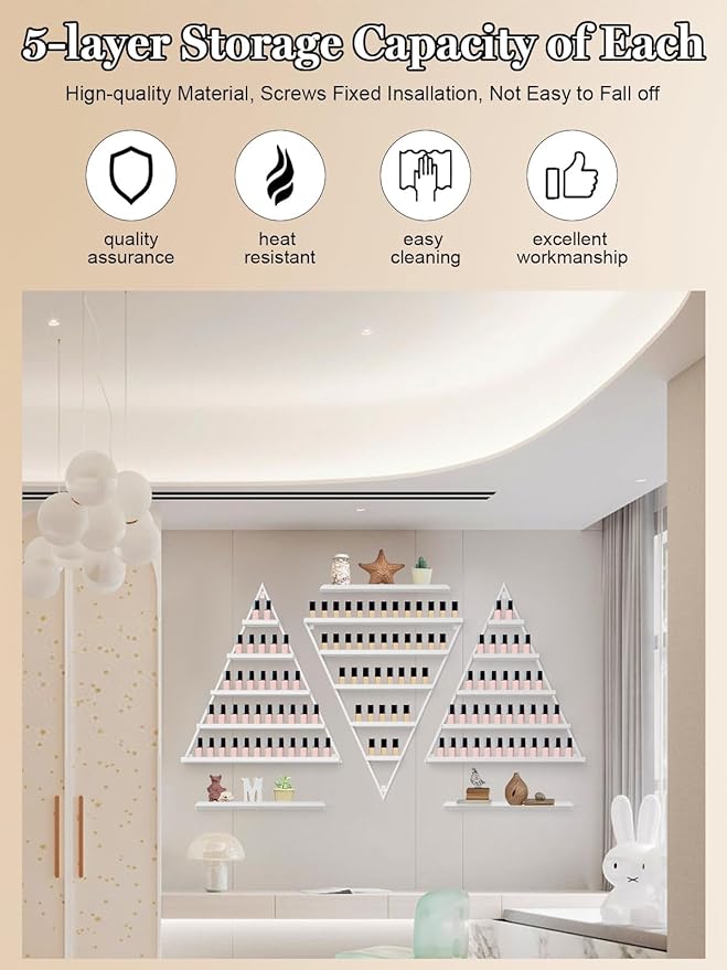 Lorvain Metal Wall-mounted Nail Polish Storage Racks White Triangular Display Rack 5 Tiers Cosmetic Display Cases Lipstick Perfume Wall Shelf Essential Oil Organizers for Home Spa Nail Salon Shop