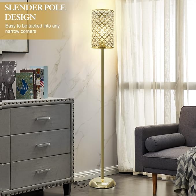 Gold Floor Lamp,Elegant Crystal Floor Lamp Modern Standing Lamp with On/Off Foot Switch,Tall Pole Accent Lighting for Living Room, Girl Bedroom, Dresser, Office