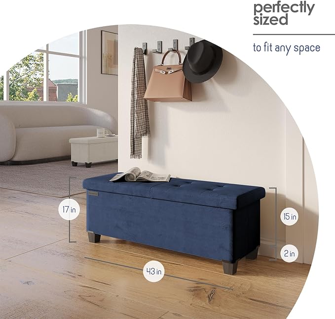 STORAGEBUD Storage Ottoman Bench with Bins, 43-in Storage Bench for Bedroom End of Bed, Folding Foot Rest Ottoman for Living Room Max 660lbs, Velvet Ottomans, Blue