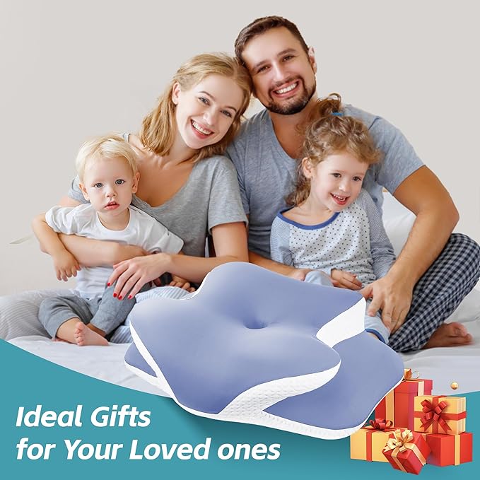 Cervical Neck Pillow for Neck Pain Relief & Support - Cooling Ergonomic Memory Foam Pillow with Dual-Height Contour & Ice Silk Cover for Side, Back, Stomach Sleepers, Blue