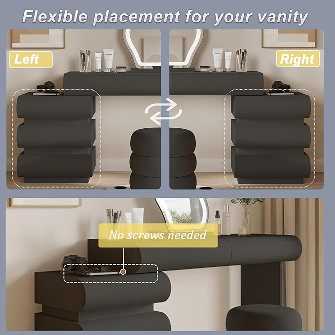 Makeup Vanity Desk with Lighted Mirror and Stool, Faux Leather Upholstered Finish, Modern Dressing Table with 5 Drawers for Bedroom and Makeup Room, Easy Assembly, Black