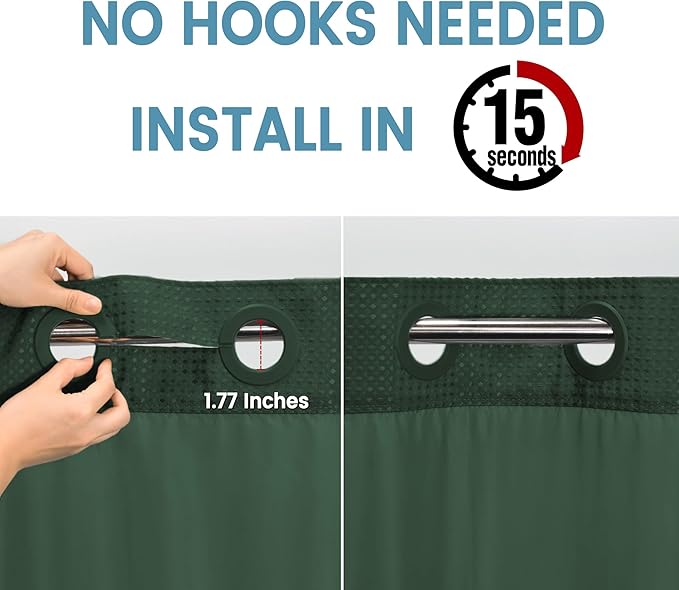 Dark Green Shower Curtain and Liner Set - 230GSM Waffle Weave Textured Heavy Duty,Hotel Luxury Weighted Bath Curtain,71W x 74H