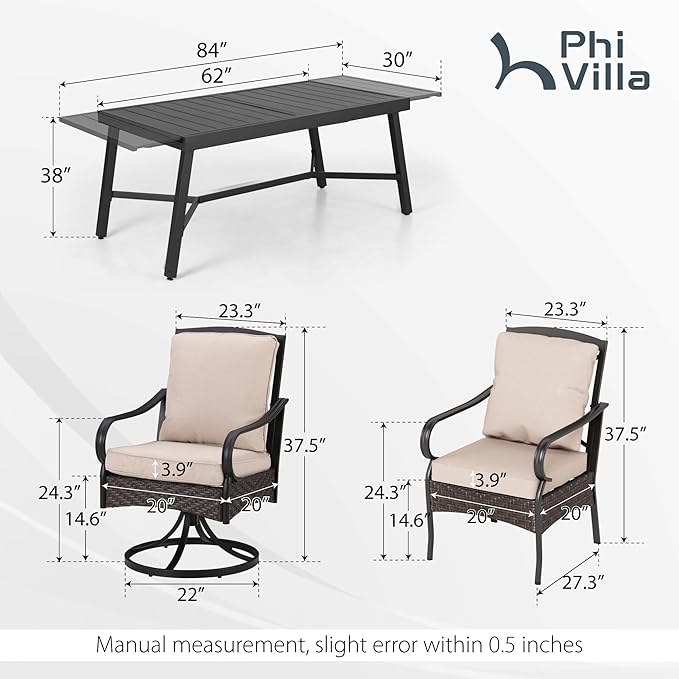 PHI VILLA Heavy Duty 9-Piece Patio Dining Sets, Expandable Outdoor Table and Chairs Set for 8, 8 Extra Large Dining Chairs(2 Swivel), Rectangular Metal Dining Table for Deck, Backyard and Garden