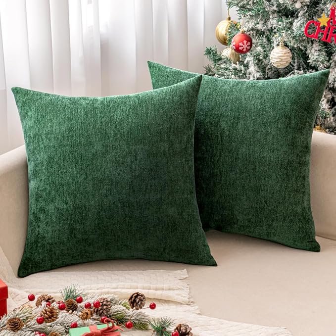 MIULEE Pack of 2 Dark Green Decorative Pillow Covers 18x18 Inch Soft Chenille Couch Throw Pillows Farmhouse Cushion Covers for Home Decor Sofa Bedroom Living Room