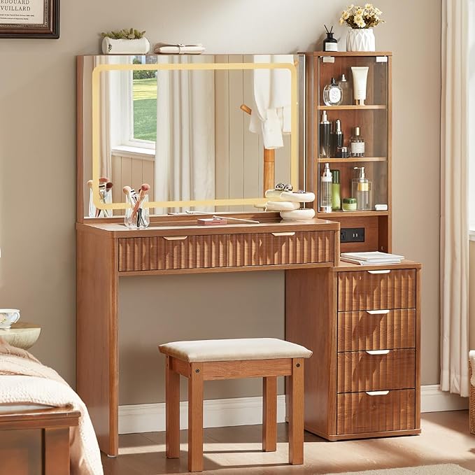 LEYAOYAO Vanity Desk with Mirror and Lights with Stool, 43.5'' Fluted Makeup Vanity with 6 Drawers and Adjustable Shelves,Wood Make Up Vanity Set with Glass Top and Power Outlet for Bedroom
