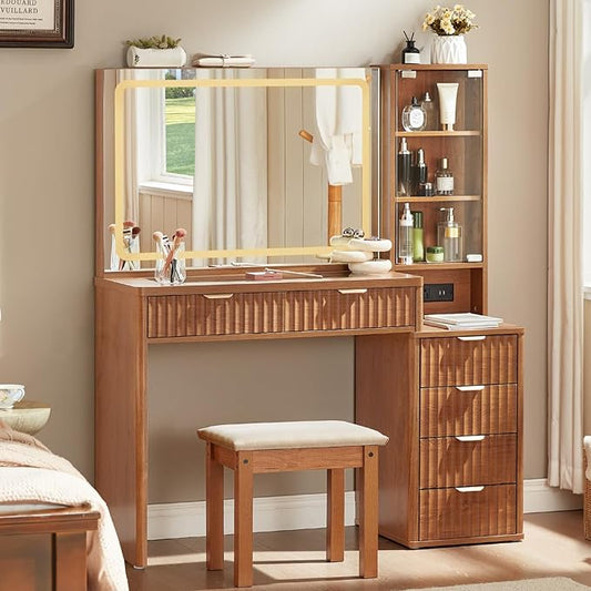 LEYAOYAO Vanity Desk with Mirror and Lights with Stool, 43.5'' Fluted Makeup Vanity with 6 Drawers and Adjustable Shelves,Wood Make Up Vanity Set with Glass Top and Power Outlet for Bedroom