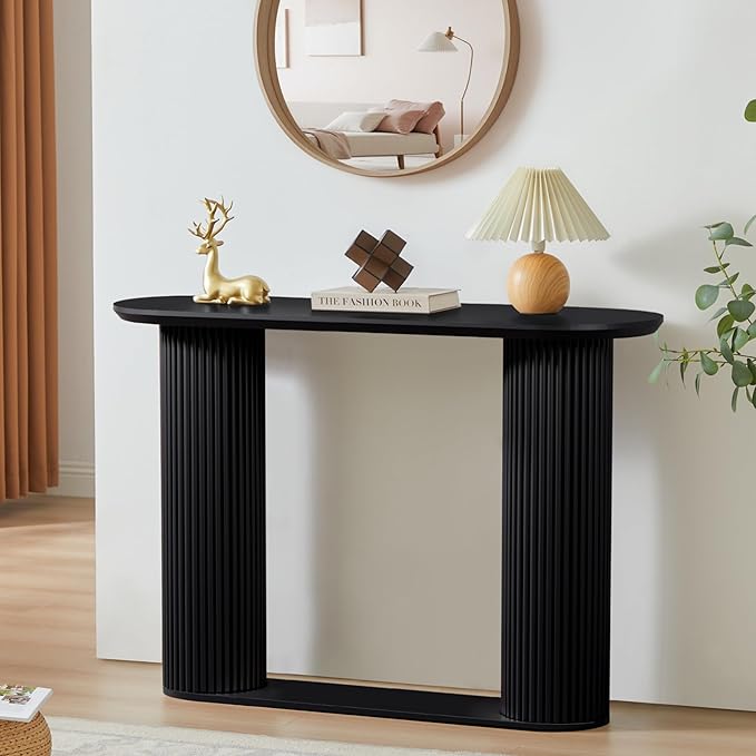 Fluted Console Table, Farmhouse Entryway Table with Storage and Fluted Wood Legs, Narrow Sofa Table Small Long Entry Table for Entrance, Hallway, Living Room (Black)