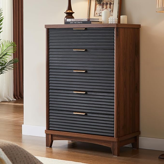 AOGLLATI Black Dresser for Bedroom with Slanted Louvre Design,Retro Chest of Drawers with Charging Station, Wooden Tall 5 Drawer Dresser for Bedroom,Living Room, Hallway, Black & Brown