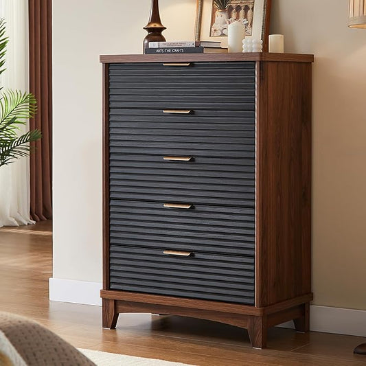 AOGLLATI Black Dresser for Bedroom with Slanted Louvre Design,Retro Chest of Drawers with Charging Station, Wooden Tall 5 Drawer Dresser for Bedroom,Living Room, Hallway, Black & Brown