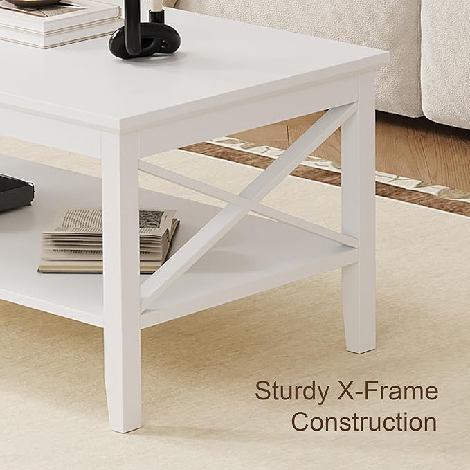 ChooChoo Coffee Table Classic X Design for Living Room, Rectangular Modern Cocktail Table with Storage Shelf, 47 Inch