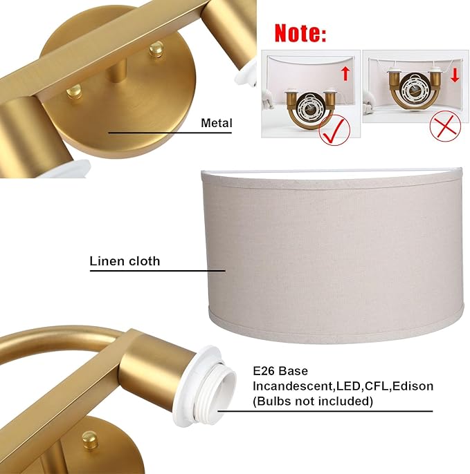 Yosoan Linen Fabric Cloth Boho Aged Brass Gold Wall Sconce Stairwell Fixture Light, 2-Light Dual Indoor Hardwired Vanity Vintage Wall Mount Lamp Antique Metal Base Semicircle Shade Lamp for Hallway