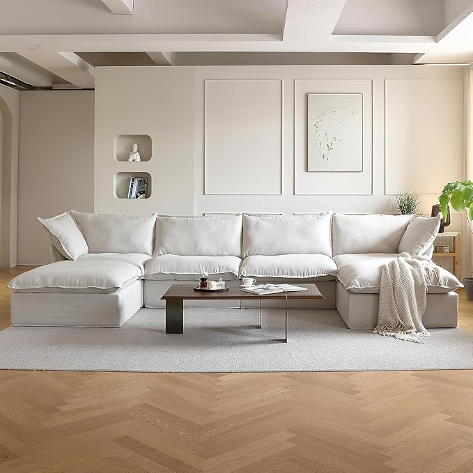 JACH U-Shaped Couches for Living Room, Convertible Sectional Sofa, 162" Modern Deep Seat Soft Cloud Couch, Modular Sectional Sofas with Ottomans, Sofa Cover Removable(Beige)