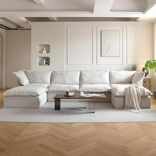 JACH U-Shaped Couches for Living Room, Convertible Sectional Sofa, 162" Modern Deep Seat Soft Cloud Couch, Modular Sectional Sofas with Ottomans, Sofa Cover Removable(Beige)