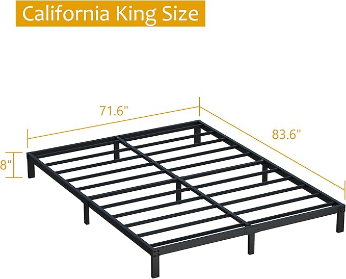 8 Inch Cal King Bed Frame No Box Spring Needed, Heavy Duty California King Metal Platform Support Up to 3000 lbs with Steel Slat, Easy Assembly, Noise Free, Black