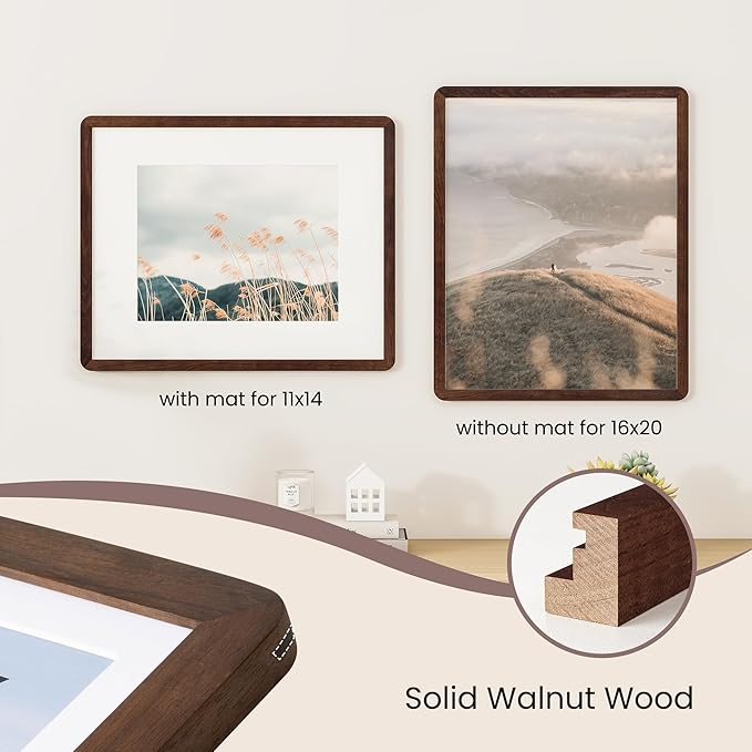 16 x 20 Picture Frame - Solid Walnut Wood 16''x20'' Poster Frame, 16 x 20 Picture Frame With Mat For 11x14, Tempered Glass and Hanging Hardware Included, 20 x 16 Frame Wood, Natural Walnut