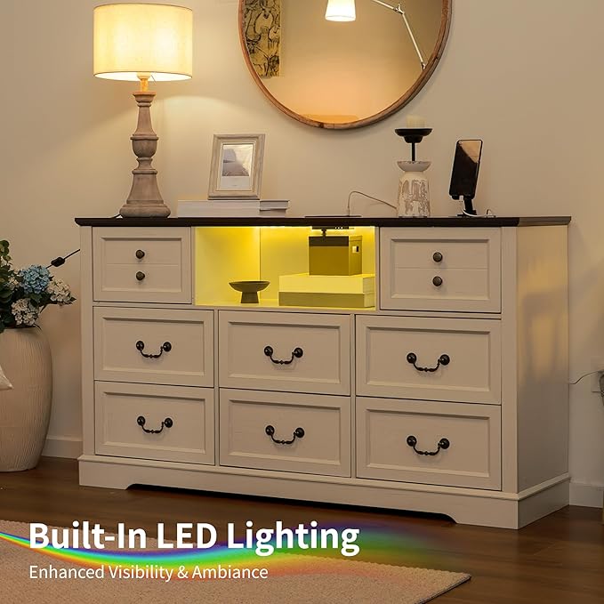 White Dresser for Bedroom with Charging Station & Led Lights,55.02" TV Stand with 8 Drawers,Dressers & Chests of Drawers with Open Shelves,Hallway,Closet 55.02" W x 34.53" H x 15.77" D White