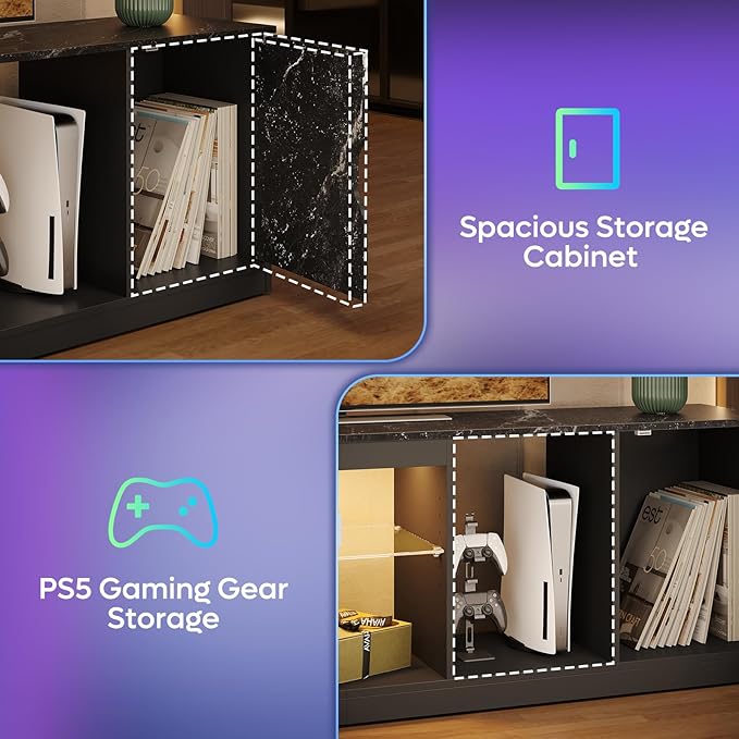 Bestier LED TV Stand for 65/70/75/80 Inch TV, 70 inch Gaming Entertainment Center with Adjustable Glass Shelves & Storage Cabinet for PS5, Xbox, Modern TV Console Table for Living Room, Black Marble