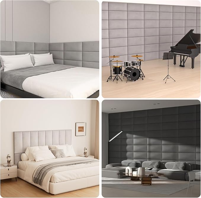 Upholstered Wall Mounted Headboard, 3D Soundproof Wall Panels Peel and Stick Headboard for Queen Size, Tufted, Black (9 Panels, 10" x 24")