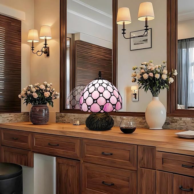 Small Tiffany Stained Glass Lamp, 3 Color Temperatures Bedside Lamp, 8 Inch Pink Pearl Beads Style Mushroom Desk Light for Bedroom Living Room Office Home Decor (Pink)