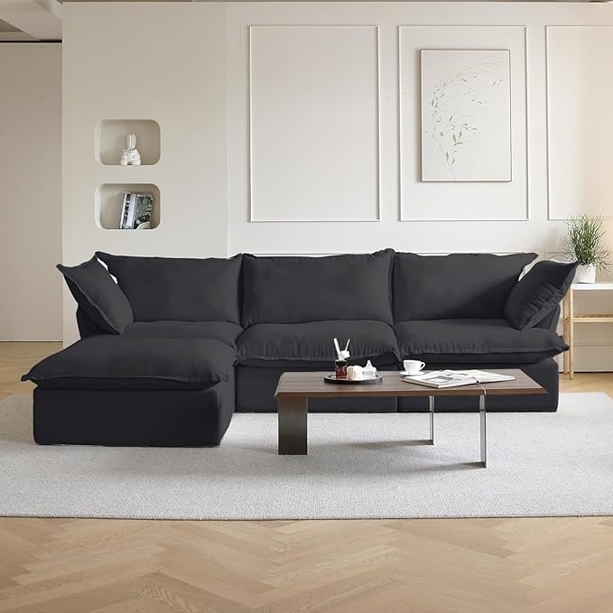 JACH L Shape Sectional Couches, Sectional Sofa with Chaise Ottoman, Deep 3-Seats Modular Sectional Sofa, Cushion Covers Removable, Two Corners and A Middle Sofa for Living Room, Black, 120-2345