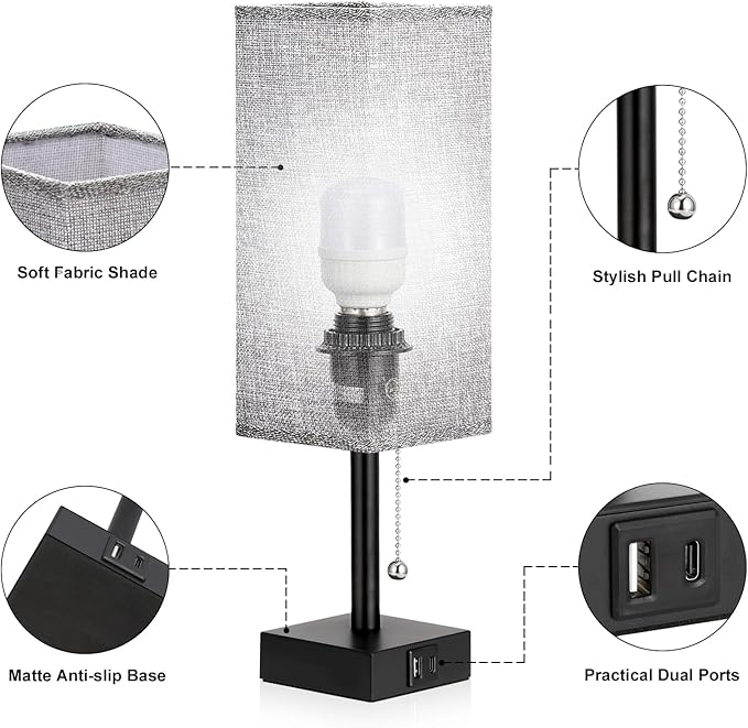 Bedside Table Lamps Set of 2 - Gray Bedroom Lamps with 3 Color Temperatures (3000K/5000K/4000K), Square Nightstand Light with USB C + A Charging Ports, Pull Chain Small Night Light