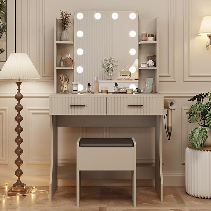 Vanity Desk with LED Lighted Mirror, Makeup Vanity with 3 Adjustable Lights, 2 Large Drawers and 4 Open Shelves, Gray Vanity with Storage Stool for Bedroom