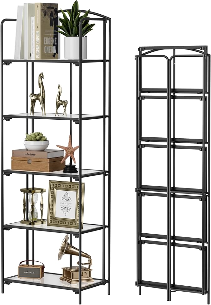 Crofy No Assembly Folding Bookshelf for Living Room, 5 Tier Black Collapsible Book Shelf for Home Office, Portable Bookcase Storage Organizer