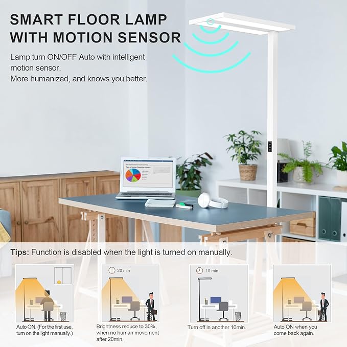STERREN 76'' Motion Sensor Floor Lamp, 100W Modern LED Floor Lamp, Smart Full-Spectrum Office Standing Lamp, 9300LM Bright Reading Lamp for Study Room,Living Room,Bedroom, 2700K-5000K