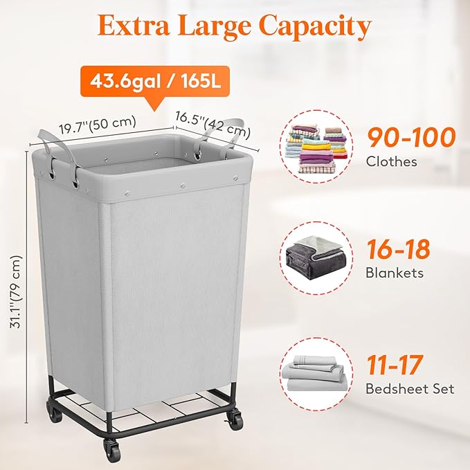 Lifewit 165L Laundry Basket with Wheels, Large Heavy Duty Commercial Rolling Laundry Hamper with Handles, Tall Steel Frame Laundry Cart for Laundry Room Bedroom Hotel Home Dorm, Sliver Gray