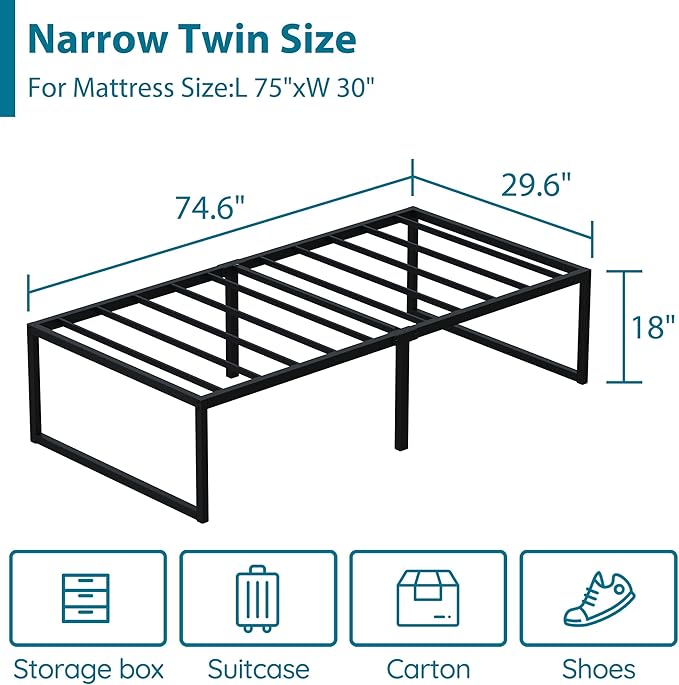 EMODA 18 Inch Narrow Twin Bed Frame 30x75, Heavy Duty Metal Platform No Box Spring Needed, Easy Assembly Noise Free, Black