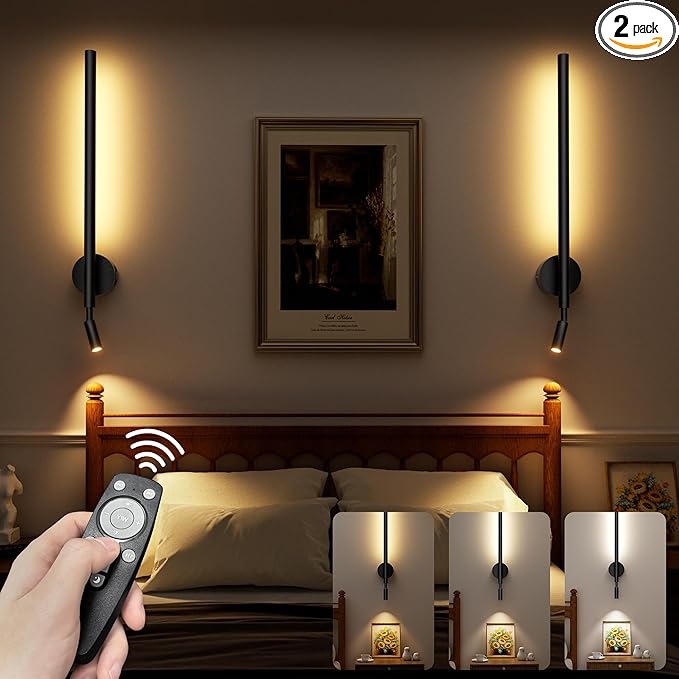 Battery Operated Wall Sconces Set of 2 with Reading Spotlights, Rechargeable LED Wall Lights Wireless with Remote, Indoor Modern Decor for Living Room Bedroom Stairwell Lighting Black