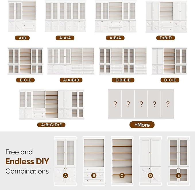 Vyre 70.8" Tall Farmhouse Bookshelf with Glass Doors, Modular Bookcase with 6-Tier Adjustable Shelves, Large Storage Cabinet for Kitchen, Living Room, White, Set of 3