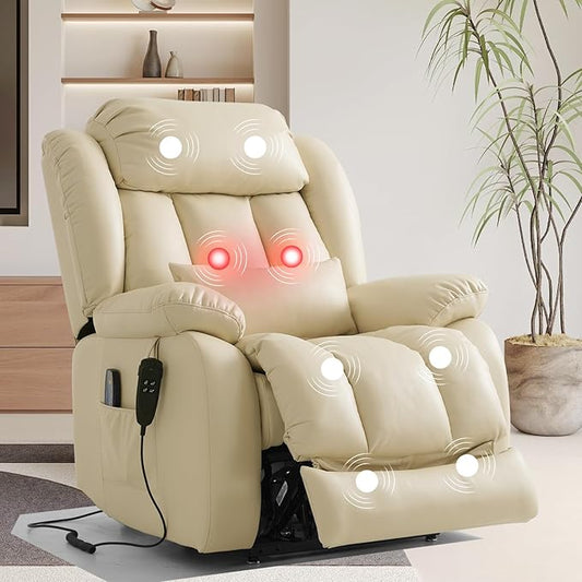 TEKAMON Power Lift Recliner Chair for Elderly with Heat & Massage, Dual Motor Genuine Leather Recliner, Lay Flat Sleeping Chairs with Infinite Position, RemoteControl(Beige, Extended)
