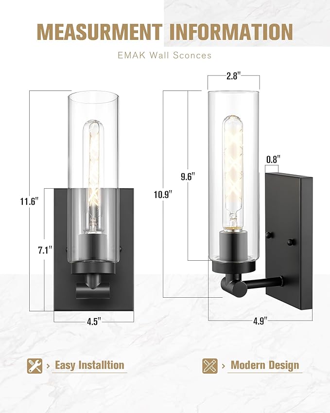 Emak Modern Black Wall Sconces Set of Two, Farmhouse Bathroom Sconce with Clear Glass Shade, 2 Light Bathroom Vanity Light for Living Room, Bedroom, Gallery, WS086-BK-CG-2PK