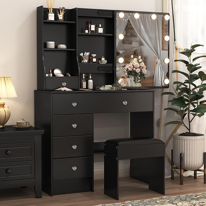 Black Vanity Desk with Lights, Makeup Vanity Table Set with Chiar and Storage Drawers, Vanity with Lights for Bedroom, Dressing Table for Teen Girls and Women