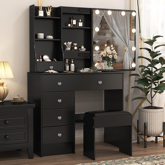 Black Vanity Desk with Lights, Makeup Vanity Table Set with Chiar and Storage Drawers, Vanity with Lights for Bedroom, Dressing Table for Teen Girls and Women
