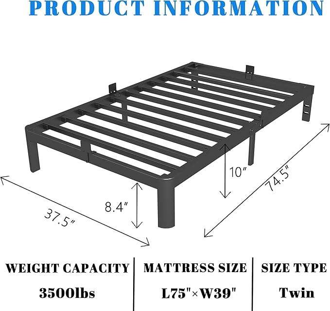 Black 10 Inch Twin Bed Frames, Metal Bed Frame Twin Size with Baffles, No Box Spring Needed, Rounded Corner Legs, Heavy Duty Steel Platform Support, Reserved Holes, Storage Space, Noise Free