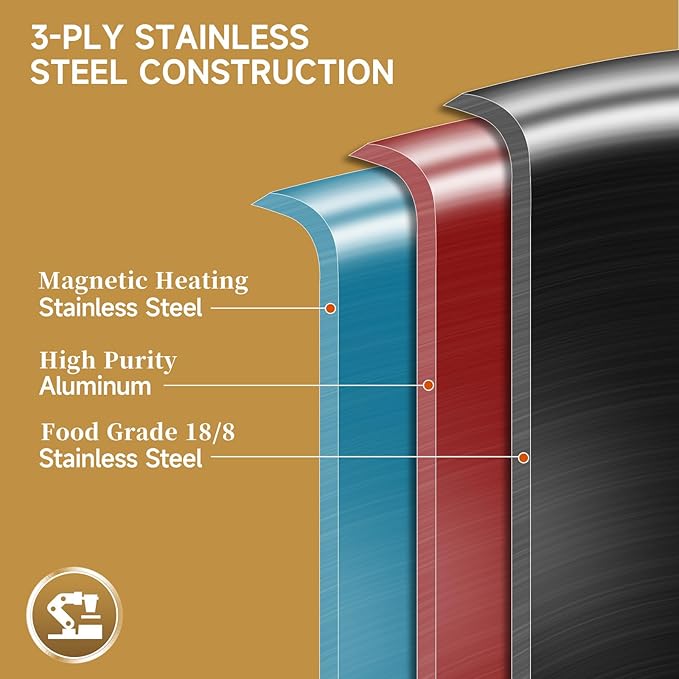 LOLYKITCH 11 Inch Tri-ply Stainless Steel Frying Pan with Lid,Skillet,Induction Cooking Pan,Dishwasher and Oven Safe,Detachable Handle