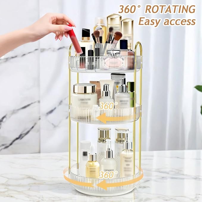 360 Rotating Makeup Organizer for Vanity,3 Tier Large Capacity Skincare Organizers,Bathroom Counter Organizer, transparent Spinning Perfume Organizer & Vanity Organizer (NEW-White, 3 Tier)