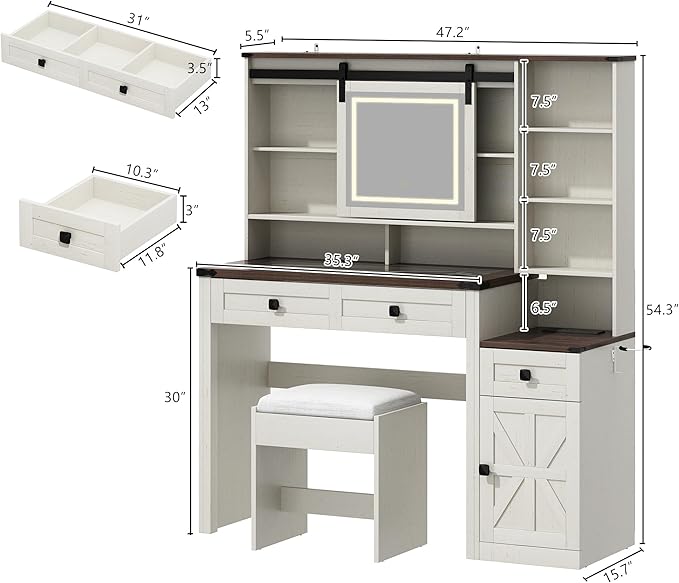 Farmhouse 47" Large Makeup Vanity Desk with Glass Tabletop, White Vanity with Sliding Mirror and Lights, Vanity Set with Stool & Charging Station, 3 Colors Lights, Ample Storage