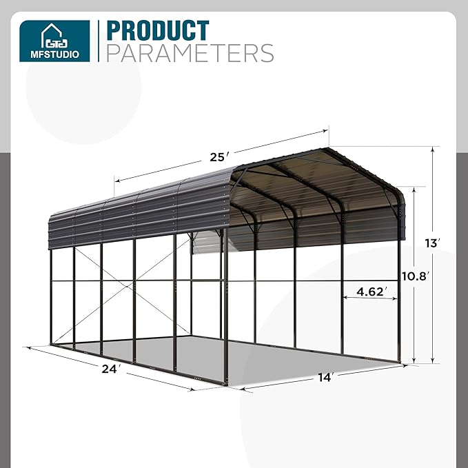 MFSTUDIO RV Carport 14x25 ft, Outdoor Heavy Duty Carports, Height 13 ft for Large RVs Metal Shed Canopy Shelters Garage Shelter Shade Car Ports with Galvanized Roof for Cars, Truck and Boats ﻿