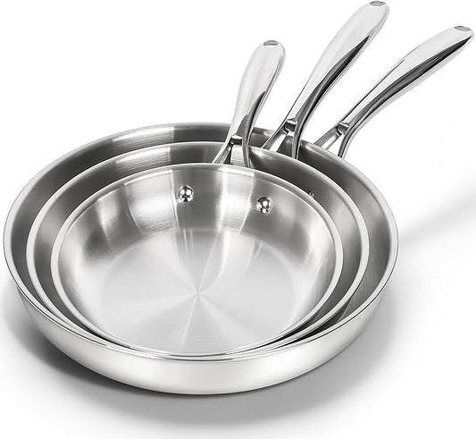 MICHELANGELO 18/10 Stainless Steel Frying Pan Set, 8" / 9.5" / 11" Cooking Pans, Triply Base Stainless Steel Pan Set with Ergonomic Handle, Induction Compatible