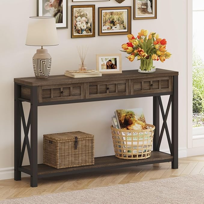 FATORRI Console Sofa Table for Entryway, Entry Way Table with Storage and 3 Drawers for Living Room, Farmhouse Foyer Tables for Hallway, Front Door, Living Room (54.72 Inch Long, Walnut Brown)